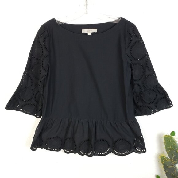 LOFT Embroidered Eyelet Lace Peplum Cotton Blouse Top size S Women's - Picture 7 of 14